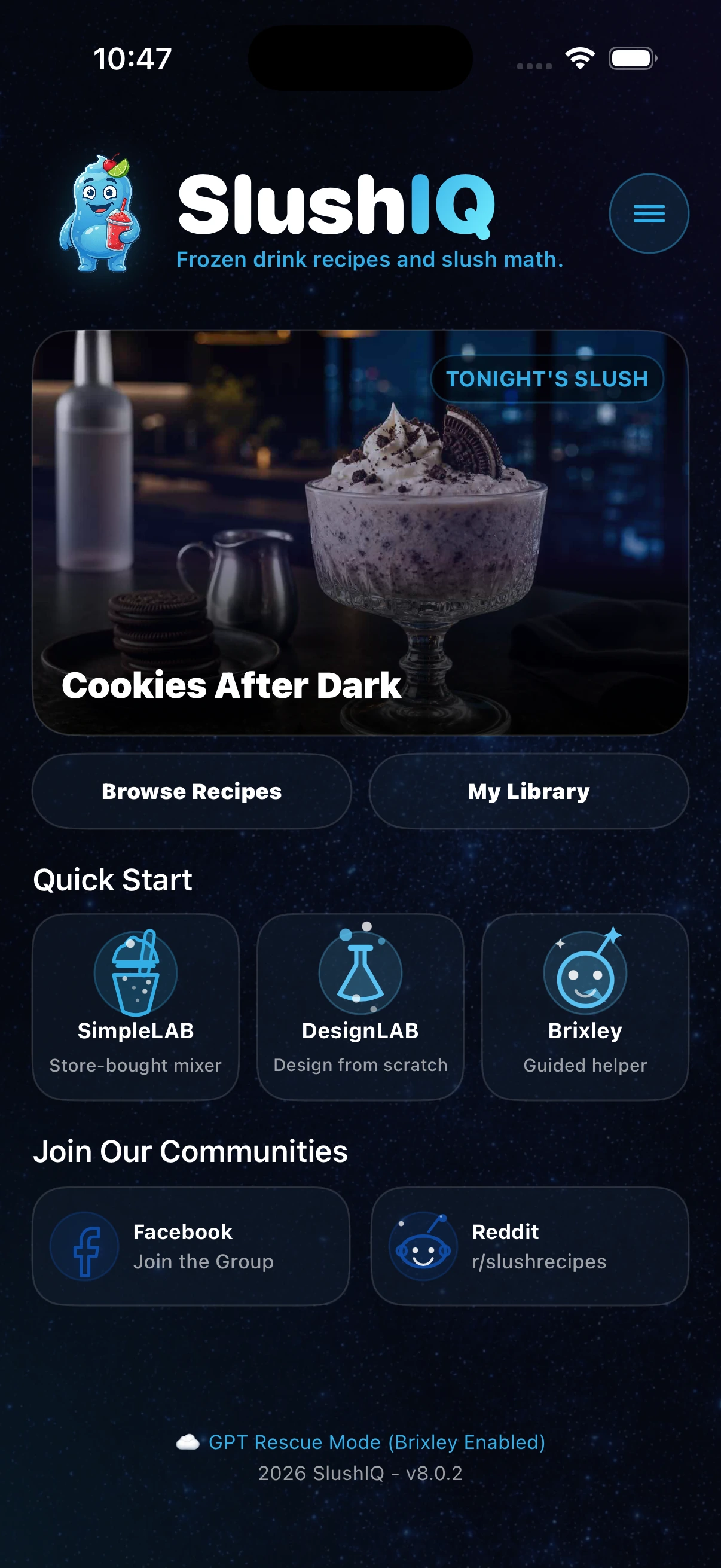 SlushIQ app home screen