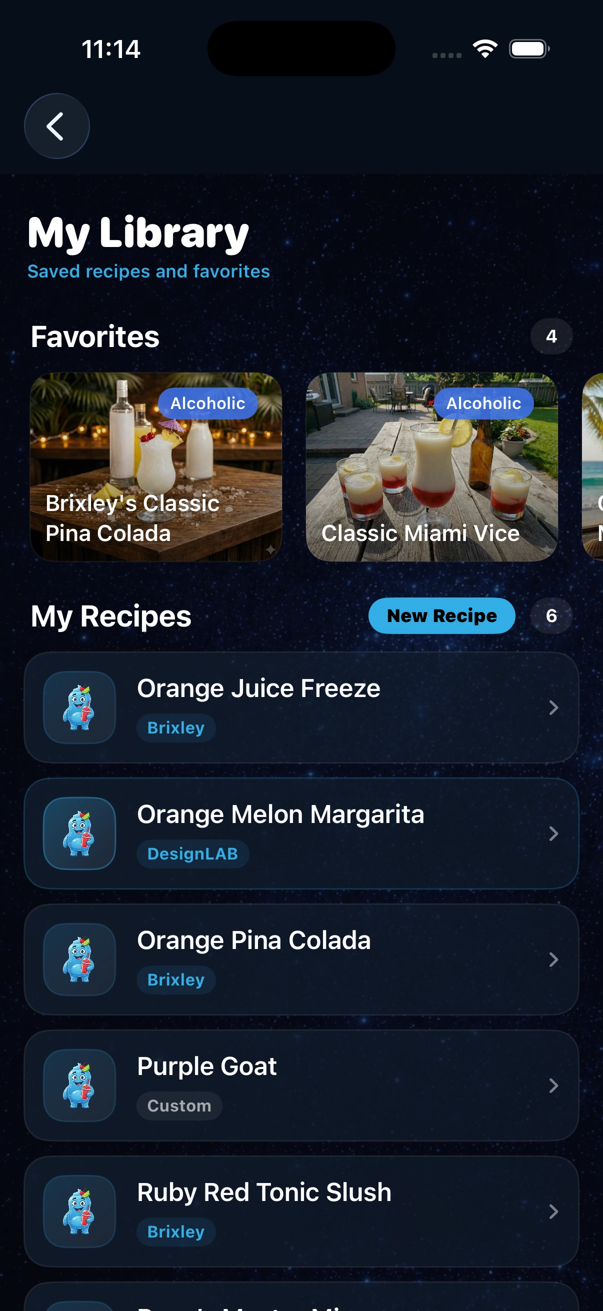 Saved recipes and custom recipes in SlushIQ My Library