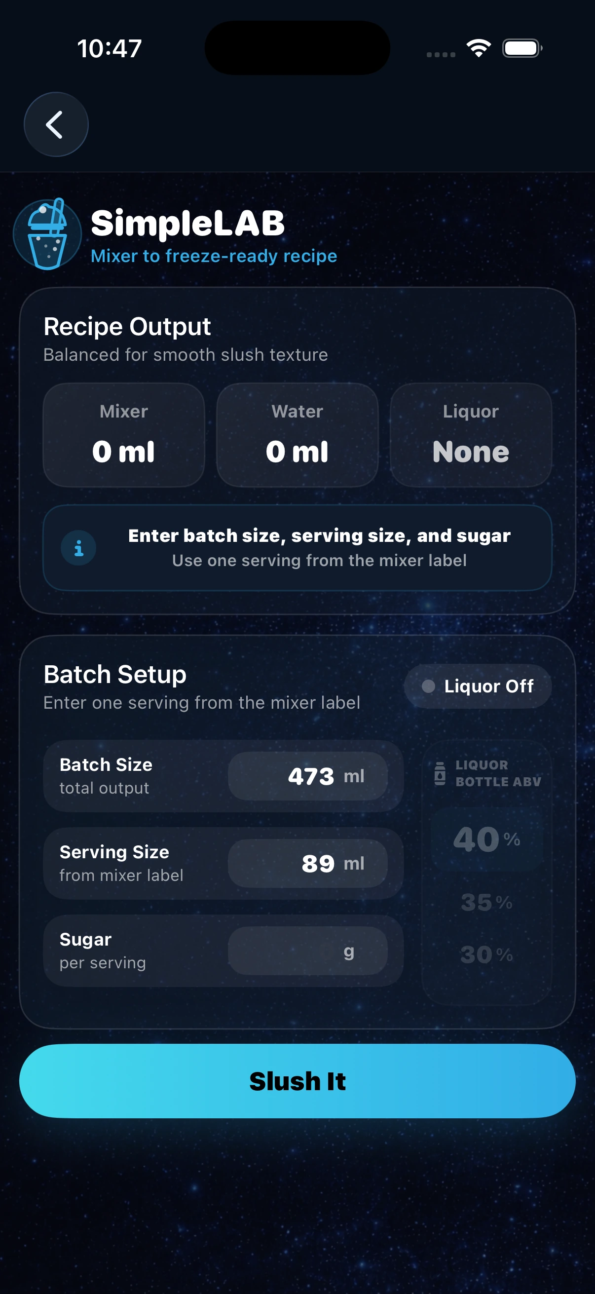 SimpleLAB slush machine calculator using mixer nutrition label information